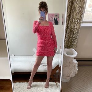 ORANGE LONG SLEEVE MESH DRESS HOT PINK FLOWERS LINED RUCHED STRETCH SMALL